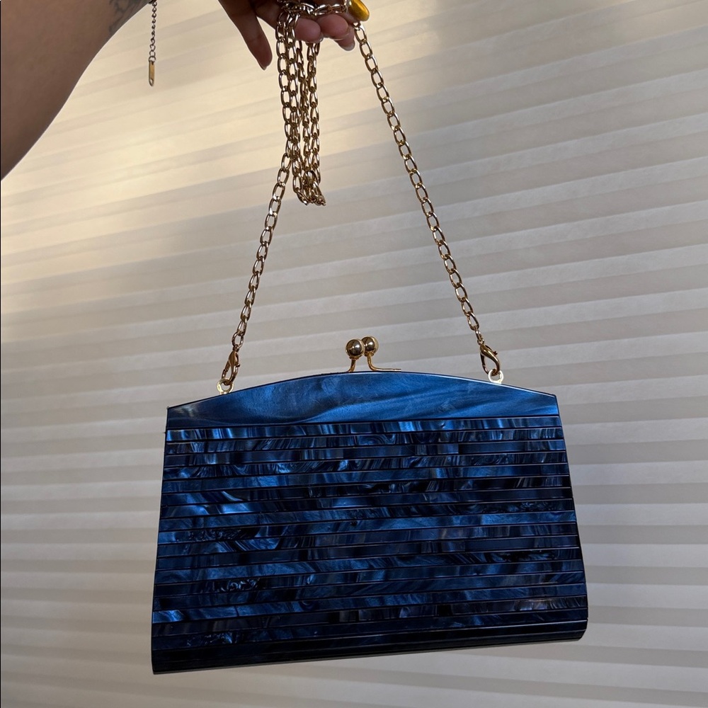 Vintage Blue Lucite Clutch Mother of Pearl Effect Hard Case Evening Bag
